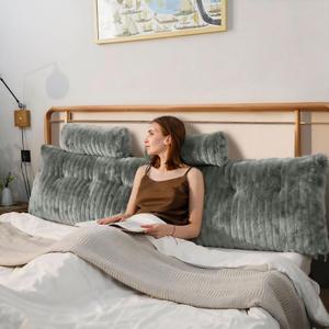 Wellty Care Luxury Faux Fur Headboard Pillow Twin Size - Large Triangular Wedge Cushion for Bed & Sofa, Fluffy Reading Backrest Bolster with Detachable Neck Roll, Washable Cover & Side Pocket, Ivory