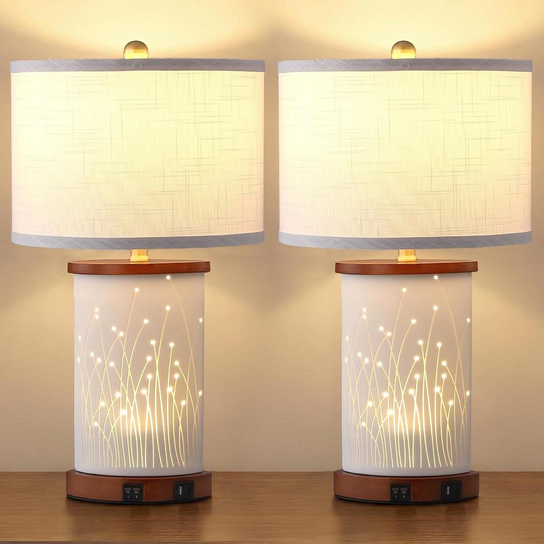 EOEYYOYB Set of 2 Ceramic Table Lamps with 3 Color Temperatures, Nightstand Table Lamps with AC Outlet, USB A & C Charging Port, Bedside Lamps for Living Room, Bedroom, Office Reading, Walnut
