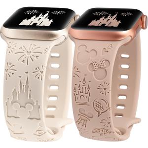 2 Packs Cartoon Engraved Band Compatible with Apple Watch Band 38/40/41/42/ 44/45/ 46/49mm Women, Cute Designer Soft Silicone Strap for iWatch Series 11 10 9 8 7 6 5 4 3 SE/Ultra 3 2 1 (Starlight & Milk Tea)
