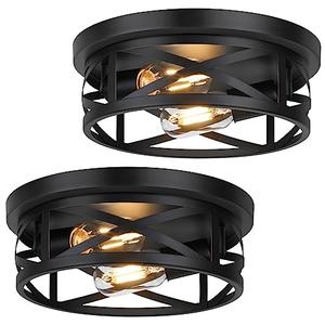 Bosceos 2-Light Flush Mount Ceiling Light Fixtures, 2-Pack Farmhouse Black Ceiling Lights, Industrial Metal Cage Light Fixtures with Adjustable Head for Bedroom Hallway Kitchen