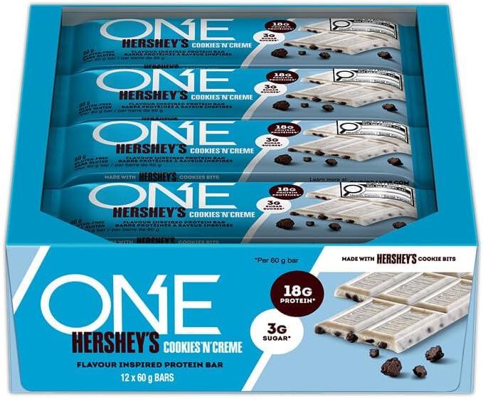 Herseys ONE Protein Bars, Hershey's Cookies 'N' Creme, Gluten Free Protein Bars with 18g Protein and 3g Sugar, Snacking for High Protein Diets, 60g (12 Count)