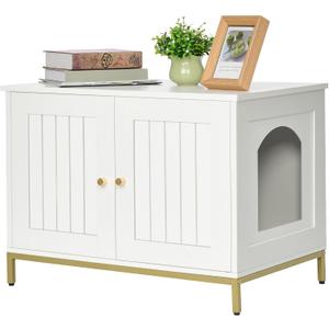 Homhedy Cat Litter Box Enclosure, Cat Washroom Furniture with Metal Frame, Pet House, Fit Most of Litter Box, Modern Style, White and Gold