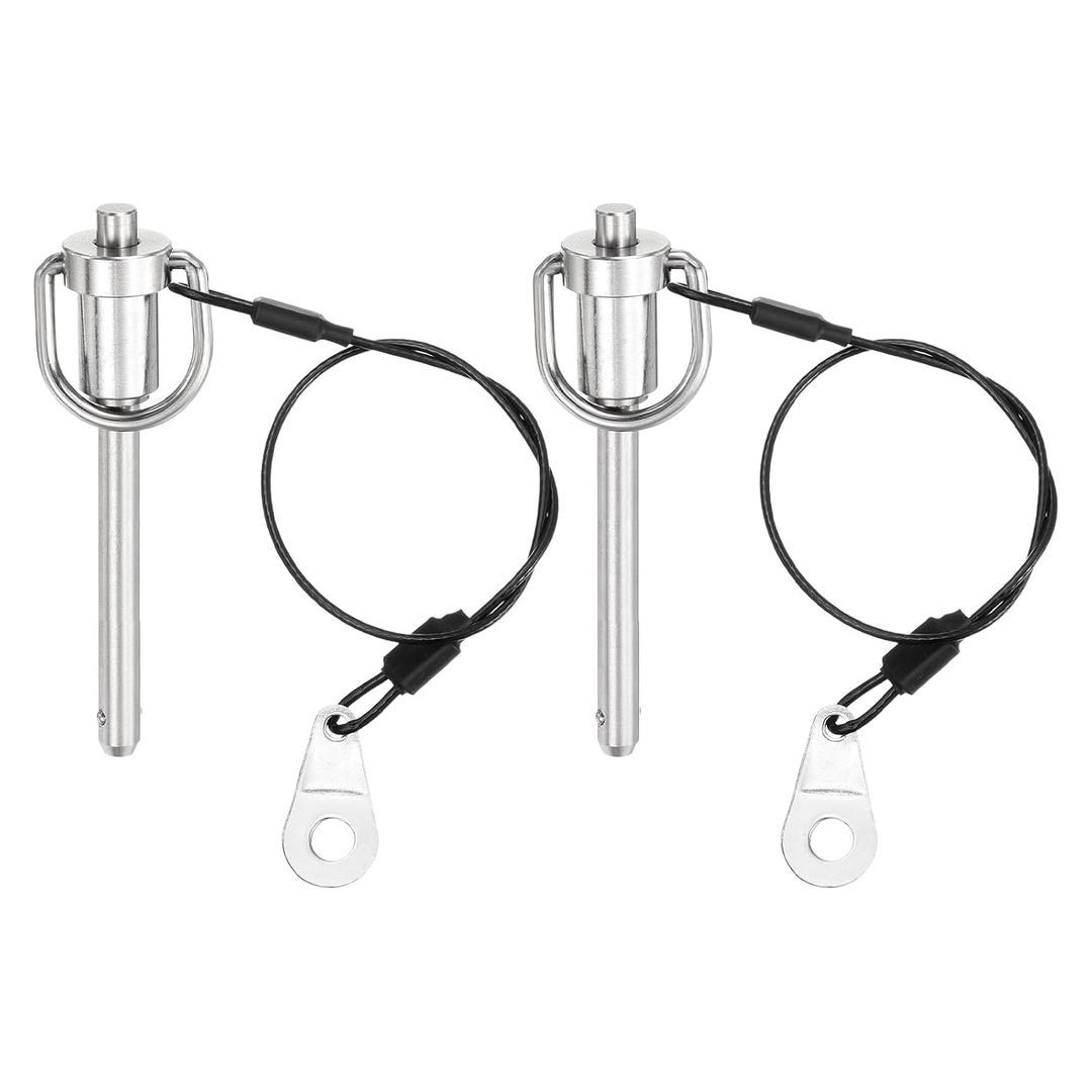 uxcell 2 Pcs Quick Release Pin, 1/4" x 2"(Dia. x L) Push-Button Ball Locking Pin 304 Stainless Steel Ring Handle Locking Pin with Wire for Audio Bimini Top Marine, Silver