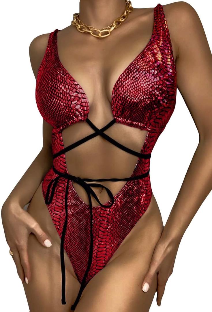 Womens Rave Wear One Piece Bodysuit Snakeskin Print Sexy Leg Rings Swimsuit for Festival Dance Rave Clothing (Small, Red)