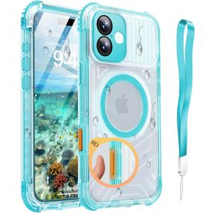 for iPhone 16 Plus Waterproof Case with Magsafe, Built in Camera Control [Screen Protector] [Lanyard], IP68 Military Full Body Shockproof, for Water Sports Outdoor Work, 6.7" Frosted Teal