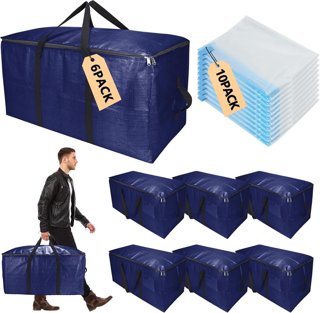Heavy-Duty Extra Large Moving Bags with Zippers,Extra Large Storage Bag Set Heavy Duty Moving Totes Dual-Way Carrying Design,College Dorm,Christmas Storage Bag(Blue,6 Moving bag & 10 Vacuum Seal Bags)