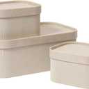 La Jolie Maison Fluted Cardboard Storage Baskets with Leather-Like Lids, Sturdy Stackable Paper Boxes Decorative Tray,Set of 3 Ivory