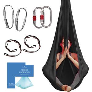 Aerial Silk Yoga Hammock & Swing for Home, Inversion Exercises, Starter Kit for All Levels - Durable with Extension Straps, Carabiners, and Pose Guide (4.5 yards, Black)