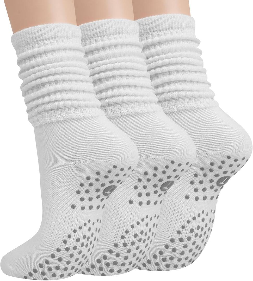 Grip Pilates Socks for Women, Yoga Slouch Socks with Grip for Barre Workout Hospital Long Scrunch Slipper Socks (3 Pairs White) 6-10 Size