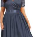 Miusol Women's Formal V Neck Floral Lace Contrast Chiffon Plus Size Ruffle Bridesmaid A-line Party Dress (Grey) - 1XL