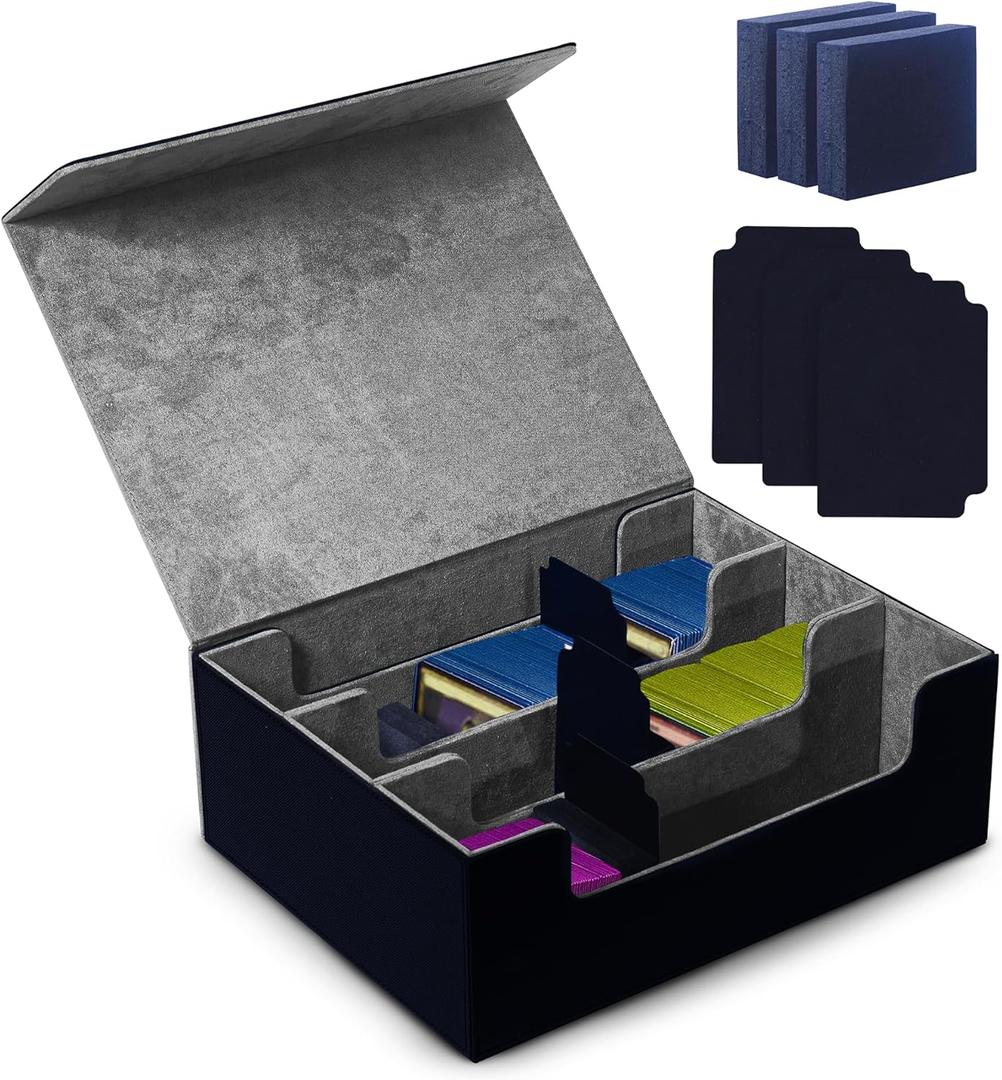 Frenchie Boss -Trading Cards Storage Box Collector Card Organizer with 3 Dividers & 3 Foam Stoppers Magnetic Closure Faux Leather Card Case for +1800 Capacity MTG YuGiOh Sports Manga (Black/Gray)