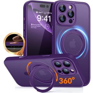 CANSHN 360 Spin Magnetic Stand for iPhone 16 Pro Max Case with Camera Control [Full Camera Protection] [Compatible with Magsafe] Translucent Matte Shockproof Protective Phone Cover 6.9" -Deep Purple