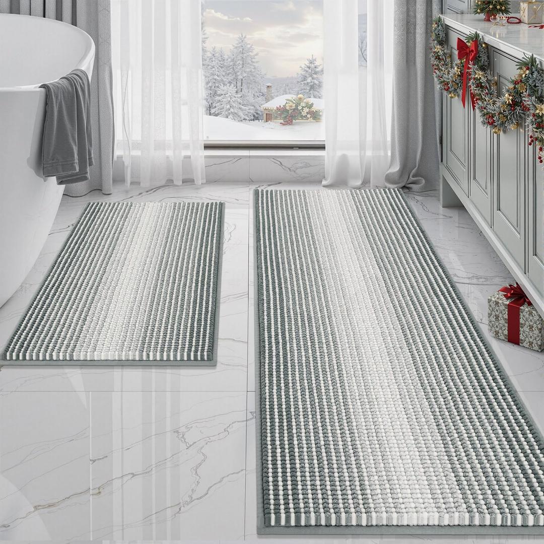 BSICPRO Bathroom Rugs and Mats Sets, 2 Piece Thick Absorbent Chenille Bath Mat Rug Set Non Slip, Soft Shaggy Bath Room Floor Mats for Bathroom, Machine Washable (Light Gray, 20" x 60" Plus 20" x 32")