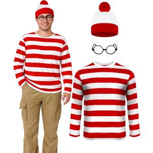 Halloween Costumes, Red and White Striped Shirt, Cosplay Costumes Adult, Halloween Shirt with Glasses Frame and Hat (Red, L)