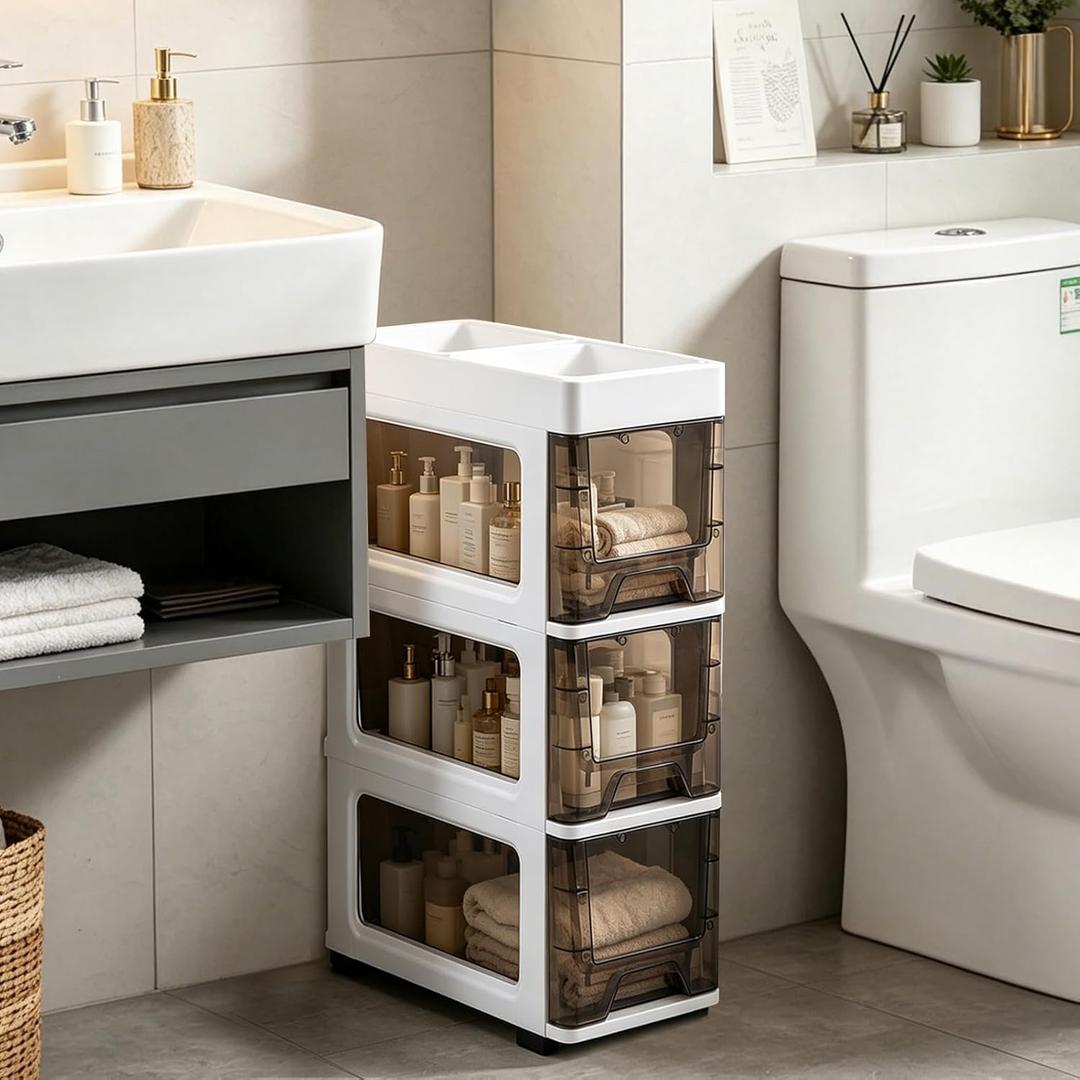 3 Drawer Storage Organizer, Narrow Plastic Storage Drawer Cart with 4 Wheels, 3 Tier Space Saving Storage Tower Box, Narrow Storage Cart for Small Space Bedroom Bathroom Kitchen Pantry Office