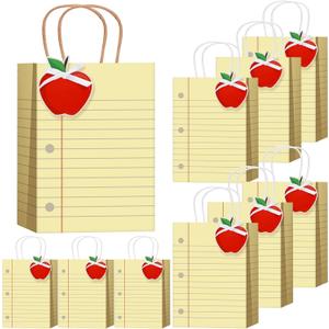 Kolldenn 24 Sets Yellow Lined Notebook Teacher Gift Bags with Tissue Apple Tags Back to School Thank You Teacher Paper Bags with Handle Cards Gift for Retirement