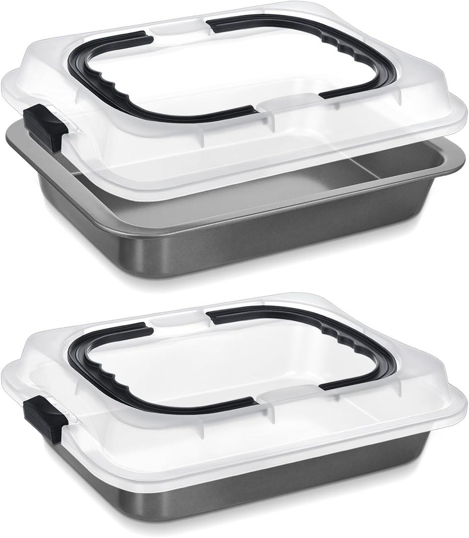 2 Pcs Cake Baking Pan with Lid and Handle, 9 x 13 Inch Non-Stick Rectangle Sheet Cake Pan Carrier for Brownie Roasting Cooking Baking (Black Gray)
