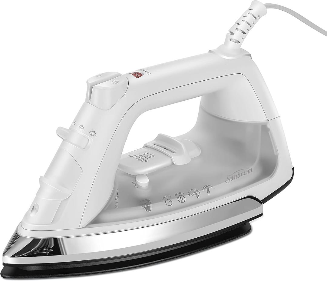 Sunbeam Classic Steam Iron, 1200 Watt, Mid-size Anti-Drip Nonstick Soleplate, Horizontal or Vertical Shot of Steam with 8' 360-Degree Swivel Cord and 3-Way Auto Shut-Off, White (Regular)