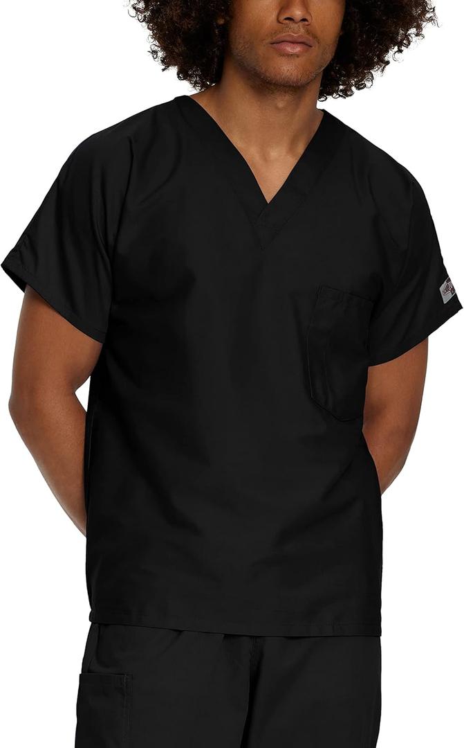 Landau Scrub Zone Unisex Relaxed Fit 1-Pocket V-Neck Scrub Top 71221 (Small, Black)