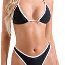 SUUKSESS Women Sexy Thong String Two Piece Bikini Sets Triangle Cheeky Halter Swimsuits Color Block Bathing Suits(Black White, S)