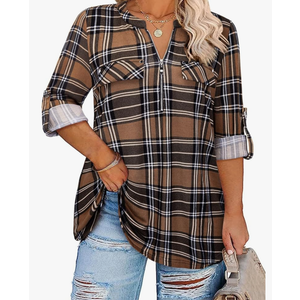 Siddhe Women 3/4 Sleeve Plus Size Tunics Zip Front V-Neck Tops Casual Loose Fit T Shirt Blouse, Size 5XL