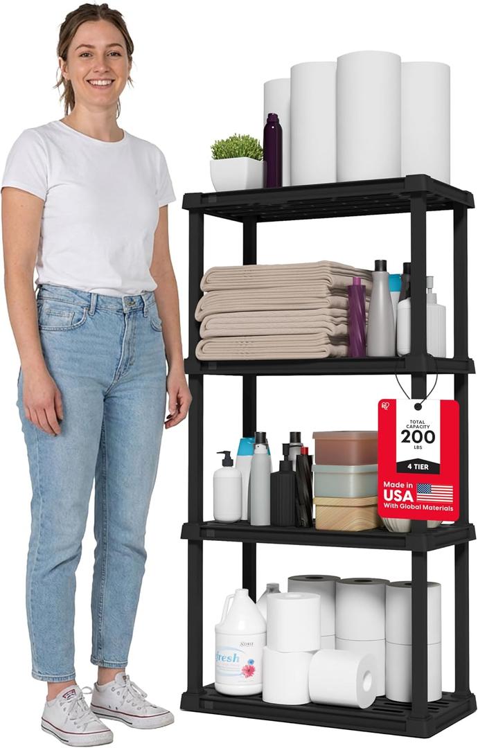 IRIS USA 4-Shelf Light Duty Plastic Storage Shelves, 200lb Capacity, 48" H x 24" W x 12" D, Medium Modular Shelving Unit Storage Organizer for Bathroom, Laundry, Garage & Home, Storage Rack - Black, 4 Tier | 12"d X 24"w X 48"h