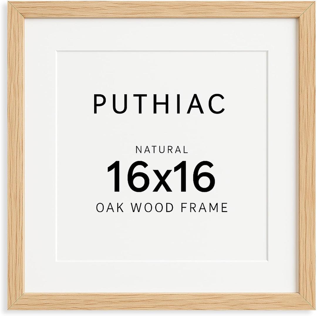 puthiac 16x16 Solid Oak Wood Picture Frame, Fits 12x12 with Mat or 16x16 Without Mat, Wall Display Only, Plexi Front, 1 Pack, Natural Oak