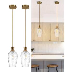 2 Pack Farmhouse Pendant Lights, Modern Hanging Ceiling Lights with Hammered Glass in Brushed Brass Gold for Dining Room Kitchen Island Over Table