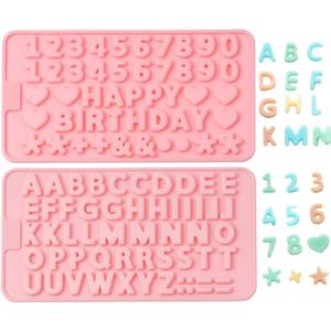 Verdental Small Silicone Letter Molds and Number Candy Molds Set of 2 Chocolate Molds Non-stick Gummy Molds Happy Birthday Cake Decorations Ice Molds with 2 Droppers (Pink)