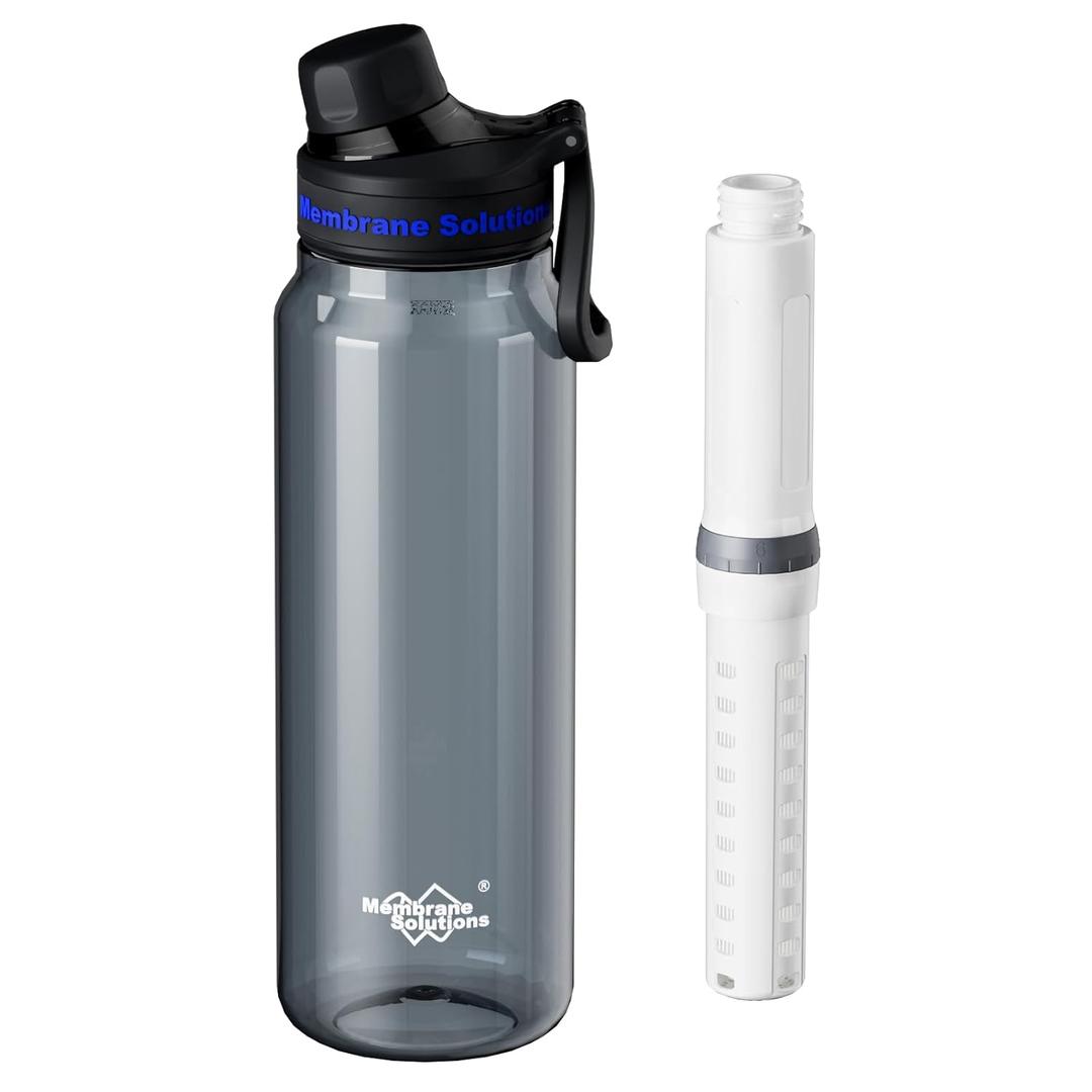 Membrane Solutions C3 Filtered Water Bottle, 36oz BPA-Free Bottle with Replaceable ACF+UF Filter Cartridge, Portable Water Filter, Travel, Hiking & Camping for Drinking Water Anywhere (Grey)