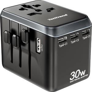 Universal Travel Adapter, 30W International Power Adapter with 4 USB-C & 1 USB-A Ports, European Travel Plug Adapter, Worldwide Travel Essentials for EU UK AUS USA