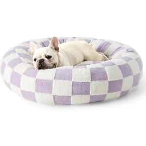 Lesure Donut Medium Dog Bed - Round Cat Beds for Indoor Cats Calming Pet Beds, Cute Modern Beds with Jacquard Shaggy Plush & Anti Slip Bottom, 30 Inch, Purple (Lavender Checks)
