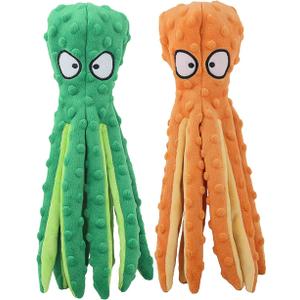 HGB Squeaky Dog Toys - Octopus No Stuffing Crinkle Plush Large Dog Toys to Keep Them Busy for Puppy Teething Chewing, Pet Supplies for Small, Medium, and Large Breeds, 2 Pack (Octopus Yellow & Green)