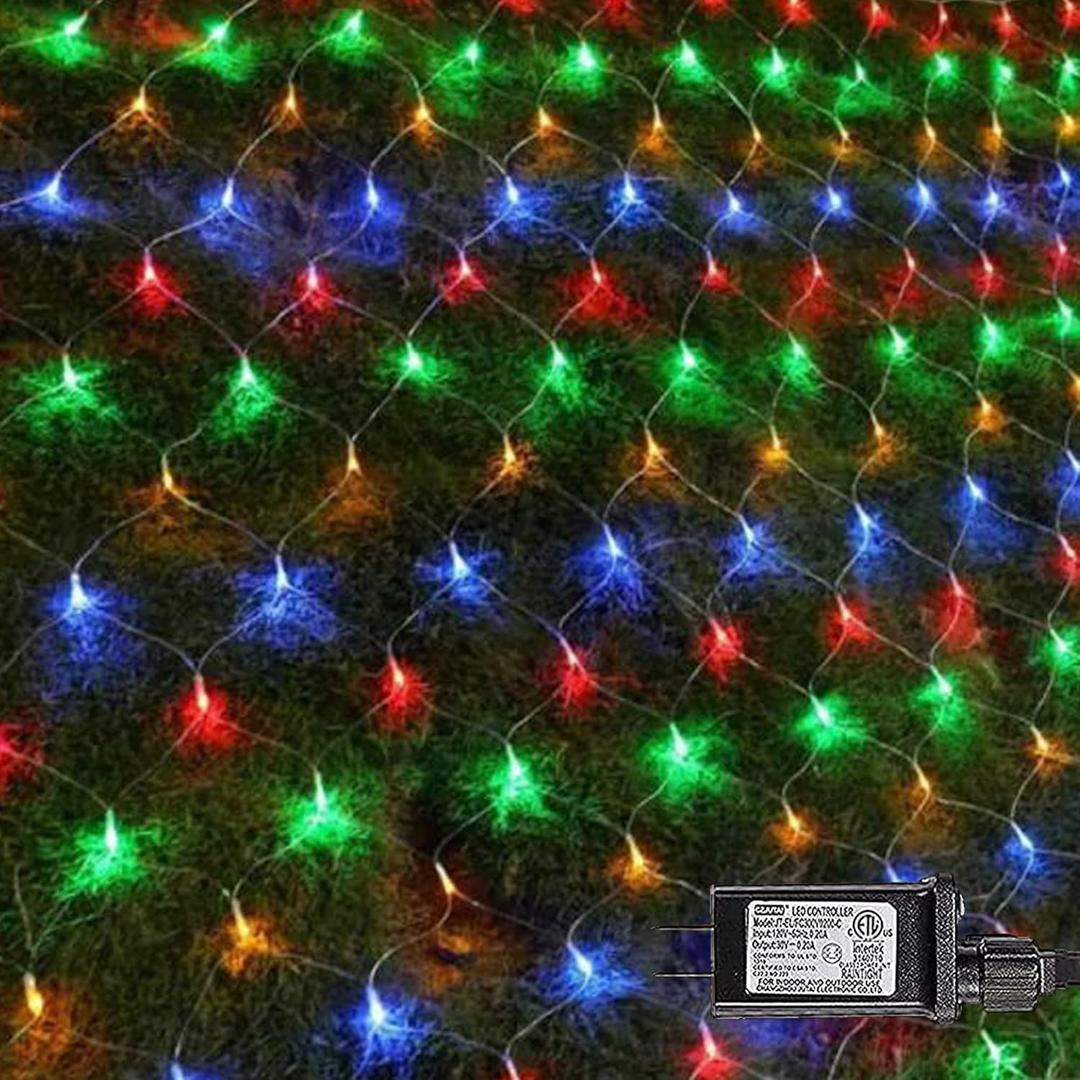 FUNPENY Christmas Net Lights, 9.8ft x 6.6ft 200 LED Mesh Decor Clear Wire with 8 Modes Waterproof Connectable Xmas Decorations for Outdoor Bushes Yard Lawn Patio Tree Garden Party (Multi Colored)