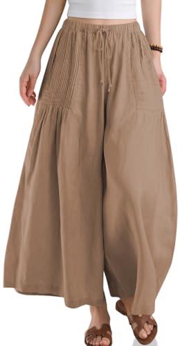 TARSE Womens Linen Wide Leg Cropped Pants Baggy Palazzo Boho Casual Elastic Waist Summer Beach Skirt Pants with Pockets(MidCoffee, XXL)