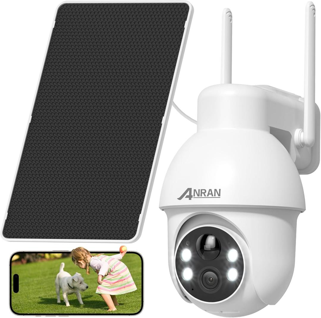 ANRAN 2K Solar Security Camera Wireless Outdoor, 360 Pan/Tilt Color Night Vision, PIR Human Detection, 2-Way Audio, Weatherproof, Compatible with Alexa, 2.4GHz WiFi Only