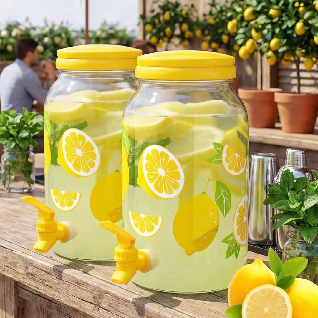 Havawish 2 Pcs 1 Gallon Plastic Beverage Dispenser with Spigot Clear Summer Kitchen Fridge Drink Dispenser for Parties Lemonade Juice Tea Beer Cold Water(Yellow, Circular Column) 
