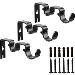 Double Curtain Rod Bracket,3 Pack Metal Curtain Rod Holders for Wall,Sturdy Curtain Rod Brackets for 1 Inch Curtain Rod,Black Wall Mounted Curtain Rod Hooks for Bedroom Living Room Patio