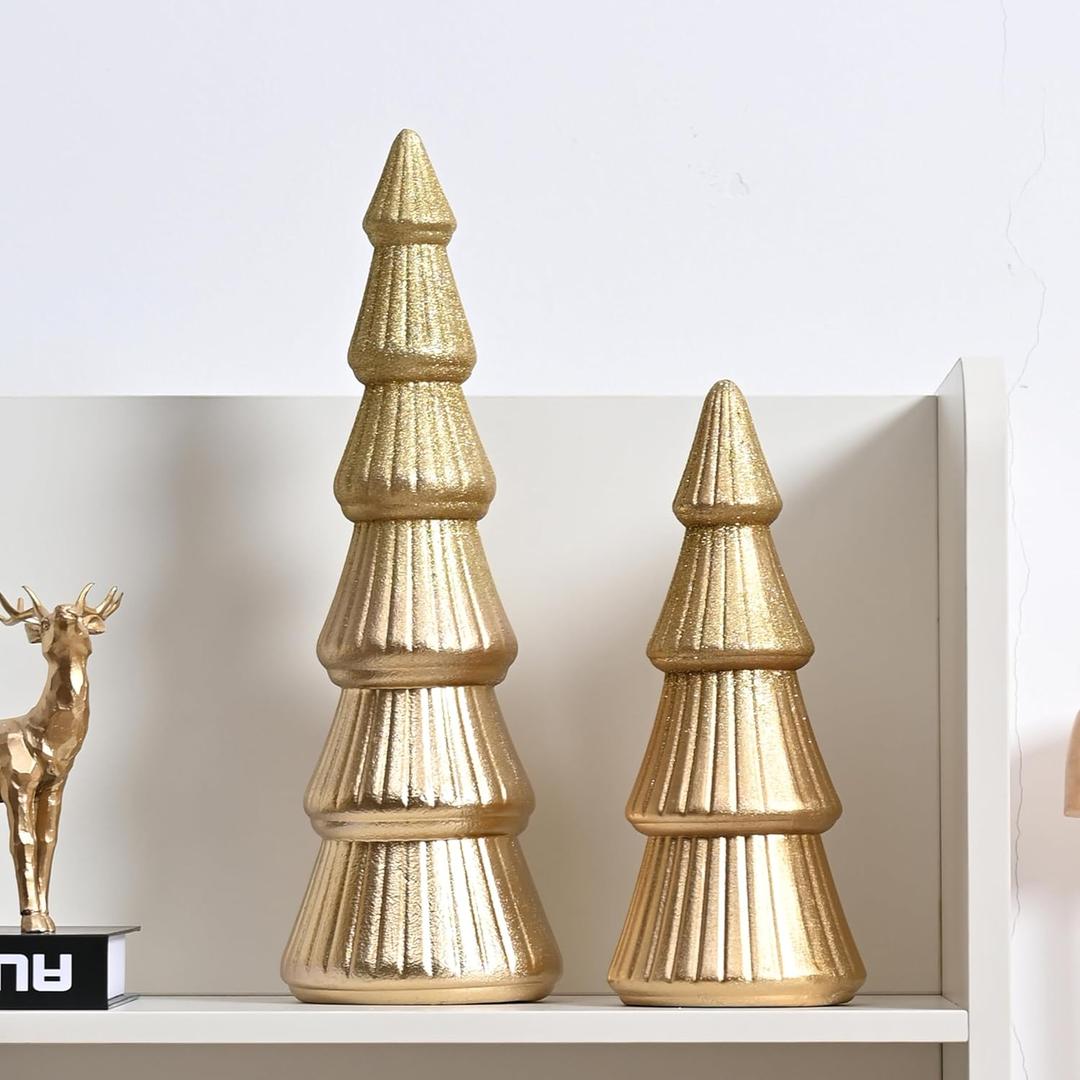 AOMOONOA Wooden Christmas Trees Figurine, 2Pcs Gold Tree Figurines, Decorative Trees for Tabletop, Small Glittered Golden Xmas Tree Figurines for Christmas Mantle Indoor Decor (Set of 2)