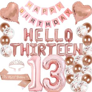 13th Birthday Party Decorations Hello Thirteen Party Balloons 13th Birthday Tiara Sash Happy Birthday Banner for 13 Year Old Girls Birthday Party Favor Supplies