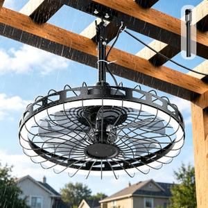 20" IP65 Waterproof Outdoor Ceiling Fan with Light, Plug-in Caged Design, 3CCT Dimmable & 6-Speed Adjustment for Patio Porch Pergola