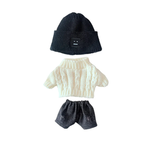 Niannyyhouse Doll Clothes Suit 7.8in/20cm Plush Doll Clothes Hat + Sweater + Shorts 3-Piece Set Doll Dressup Square Face Hat Denim Shorts White Sweater (Black)