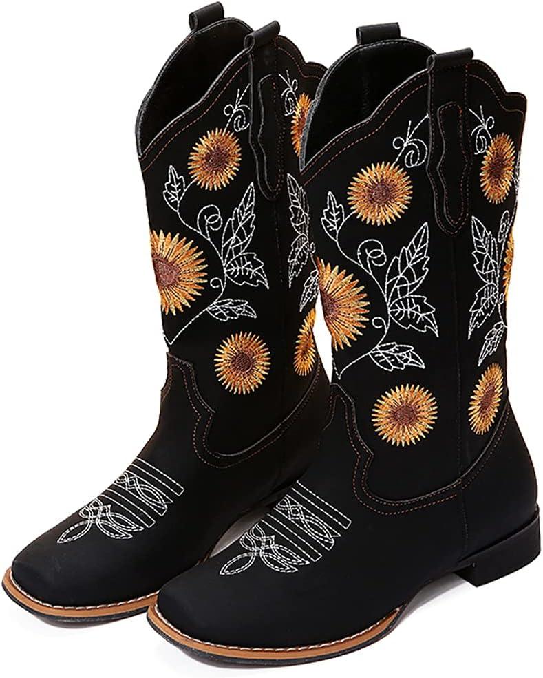 gloryinterest Cowboy Boots for Women Mid Calf Cowgirl Western Boots Sunflower Embroidery Stitched Square Toe Low Heel Black Brown Yellow US6-10.5, Black, 44