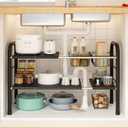 KOSIWU Expandable Under Sink Organizer, 2 Tier Under Sink Shelf with 2 Removable Baskets and 6 Removable Panels for Cabinet Sink Cloakroom Wardrobe Closet Storage(Black, 17.71”-32”Length