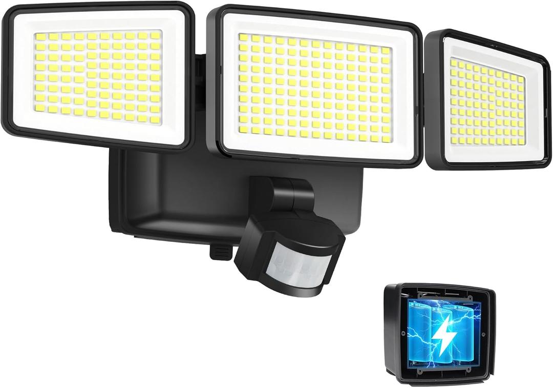 UME Battery Powered Motion Sensor Outdoor Lights 302 LED 1800LM, IP65 Waterproof Battery Operated Flood Lights Outdoor, 3 Heads Security Motion Light with 3 Modes for Garden Patio Yard