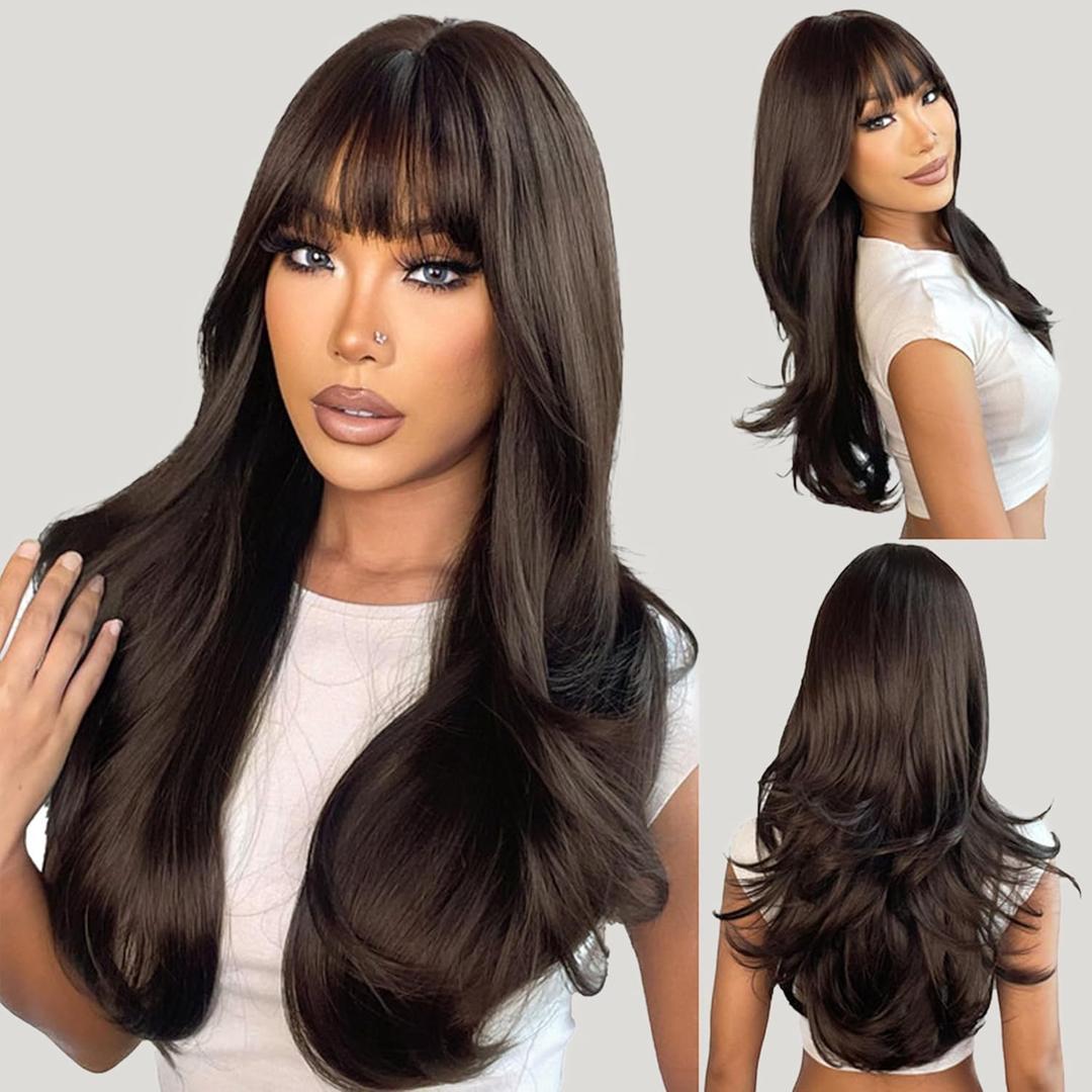 N NAYASA Dark Brown Wig with Bangs Brown Wigs for Women 24 Long Wavy Layered Synthetic Natural Looking Wigs for Daily Party Use