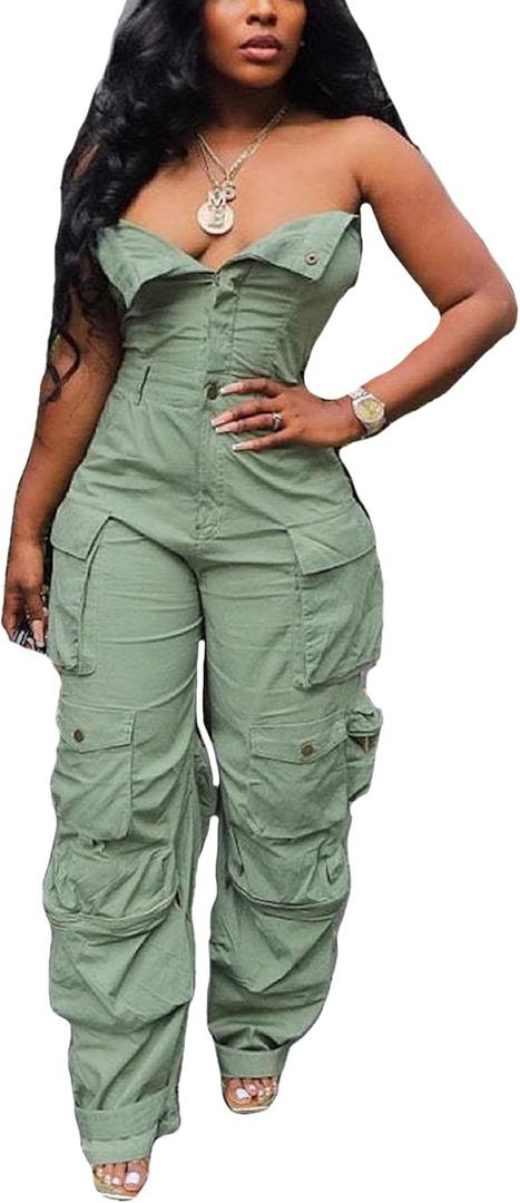 Tbahhir Women's Sexy Off Shoulder Tube Denim Cargo Jumpsuits Wide Leg Baggy Loose Jean Pants Rompers Overalls (XX-Large, Green)