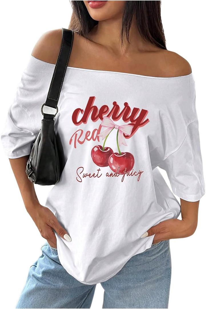 SOLY HUX Women's Graphic Tees Off The Shoulder Short Sleeve Oversized T Shirt Vintage Summer Tops Small
