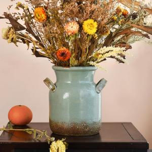 Quoowiit Ceramic Rustic Farmhouse Vase, Distressed Decorative Flower Vases for Home Decor, Ideal Shelf Decor, Green Boho Vase for Living Room Bedroom Kitchen Office Centerpiece Table Decorations (8 Inch-green)