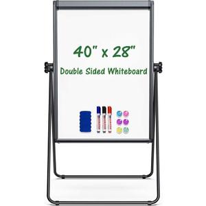 Stand White Board Magnetic 40 x 28 inches Dry Erase Board Double Sided Height Adjustable Flip Chart Easel with Flipchart Hooks for Teaching Presentation Meeting, Black